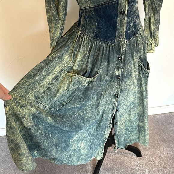 Acid Wash Cowgirl Boho Prairie Cinched Waist Full Skirt Dress EVC - Picture 5 of 8